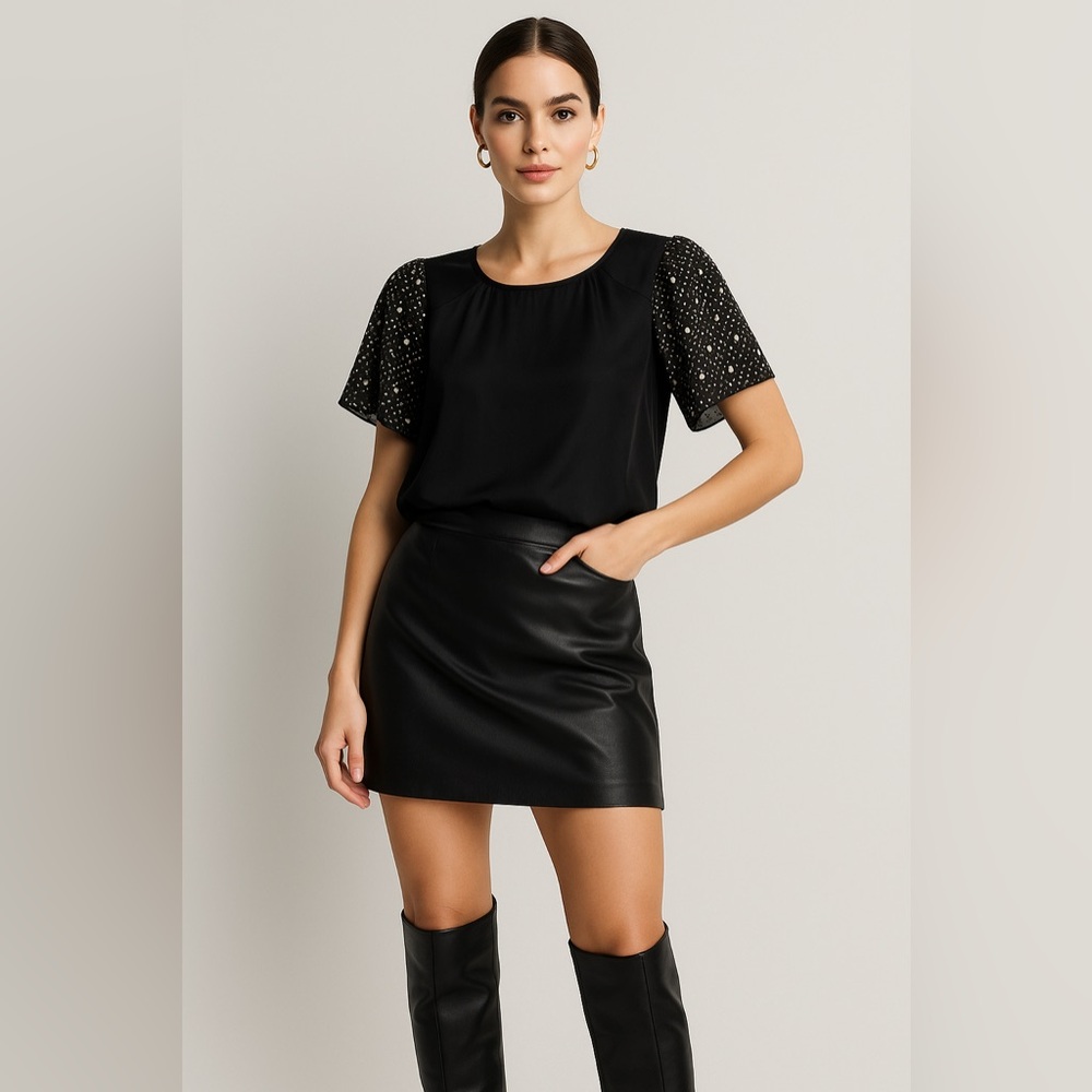 Rebecca Taylor Black Blouse with Eyelet Sleeves